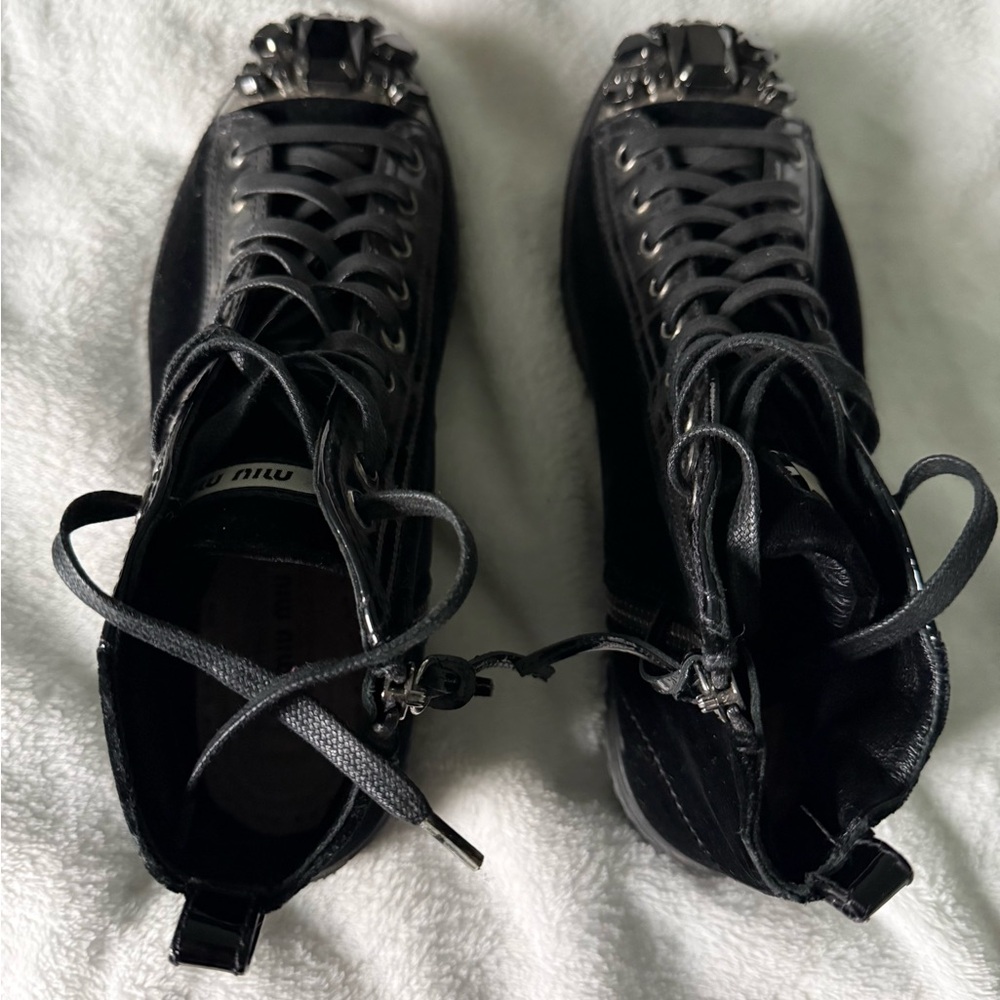 (AS-IS) Miu Miu Black Velvet Embellished High Top Sneakers 5T 8872